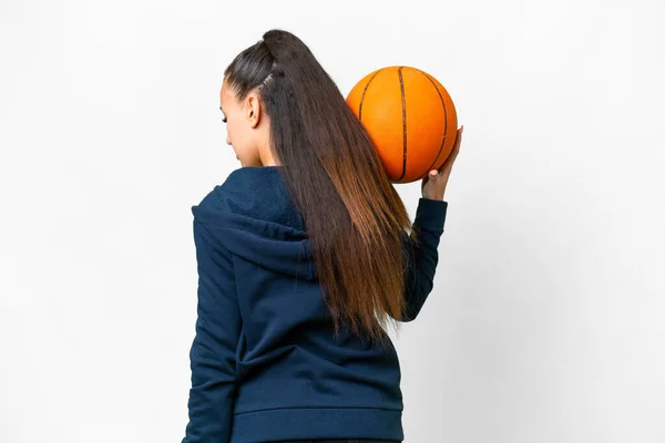 Young Arabian Woman Isolated White Background Playing Basketball Back Position — Stock Photo, Image