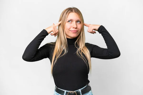 Young Pretty Blonde Woman Isolated White Background Having Doubts Thinking — Foto de Stock