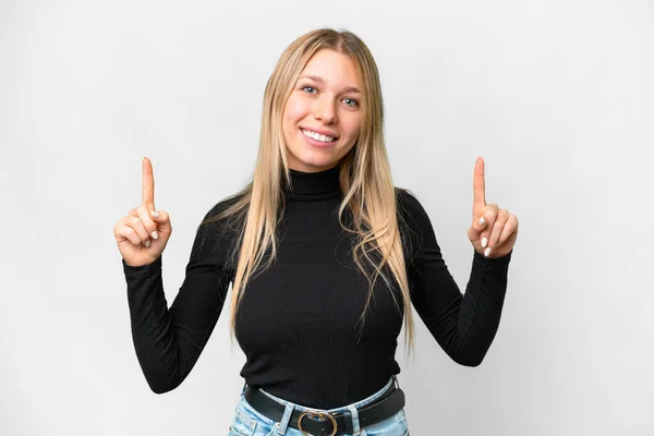 Young Pretty Blonde Woman Isolated White Background Pointing Great Idea — Stockfoto