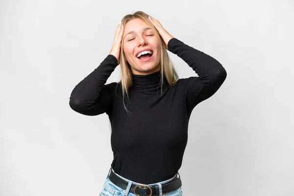 Mladý Pěkný Blondýnka Žena Přes Izolované Bílé Pozadí Smích — Stock fotografie