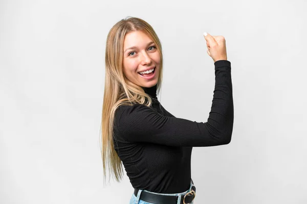 Ung Flot Blondine Kvinde Isoleret Hvid Baggrund Gør Stærk Gestus - Stock-foto
