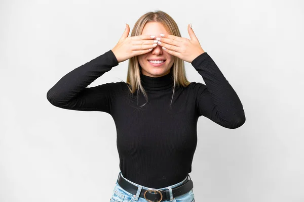 Young Pretty Blonde Woman Isolated White Background Covering Eyes Hands — Stockfoto