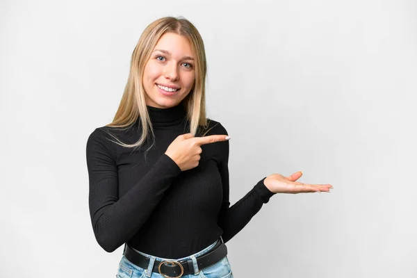 Young Pretty Blonde Woman Isolated White Background Holding Copyspace Imaginary — ストック写真