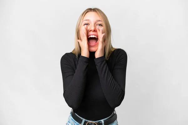 Young Pretty Blonde Woman Isolated White Background Shouting Announcing Something — Stock Photo, Image