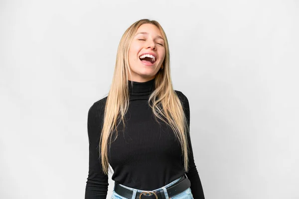 Junge Hübsche Blonde Frau Über Isoliertem Weißen Hintergrund Lacht — Stockfoto