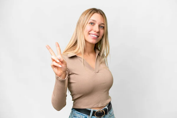 Young Pretty Blonde Woman Isolated White Background Smiling Showing Victory — Stockfoto