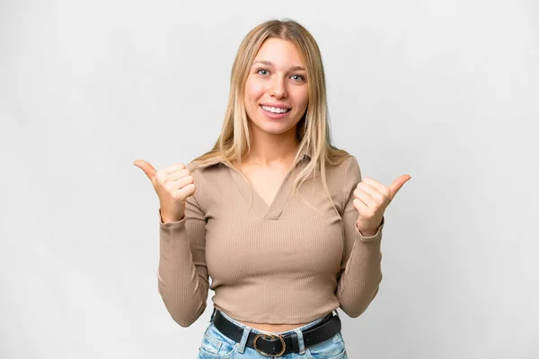 Young Pretty Blonde Woman Isolated White Background Thumbs Gesture Smiling — ストック写真