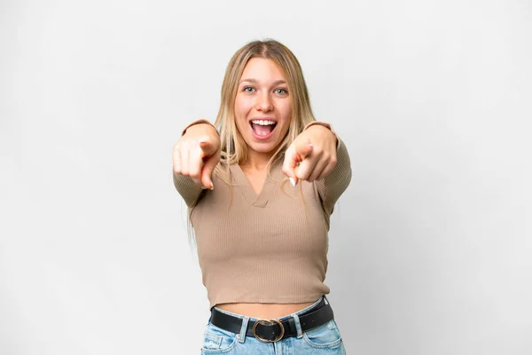 Young Pretty Blonde Woman Isolated White Background Surprised Pointing Front — ストック写真