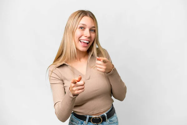 Young Pretty Blonde Woman Isolated White Background Surprised Pointing Front — Stockfoto