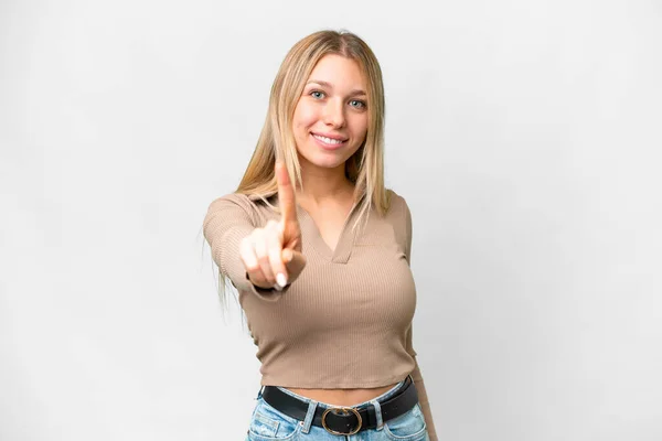 Young Pretty Blonde Woman Isolated White Background Showing Lifting Finger —  Fotos de Stock