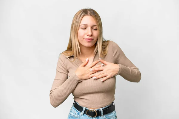 Young Pretty Blonde Woman Isolated White Background Having Pain Heart — Stock Photo, Image