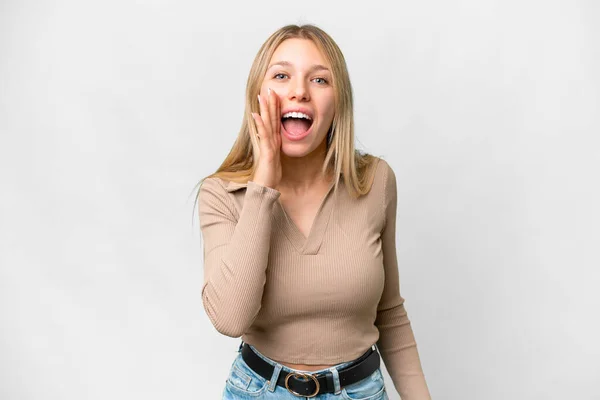Young Pretty Blonde Woman Isolated White Background Shouting Mouth Wide — Stock Photo, Image