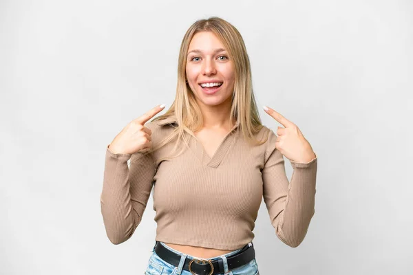 Young Pretty Blonde Woman Isolated White Background Giving Thumbs Gesture — Fotografia de Stock