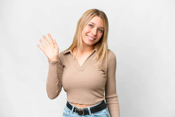 Young Pretty Blonde Woman Isolated White Background Saluting Hand Happy — 스톡 사진