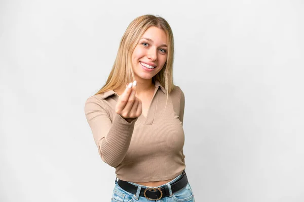 Young Pretty Blonde Woman Isolated White Background Making Money Gesture — Foto de Stock