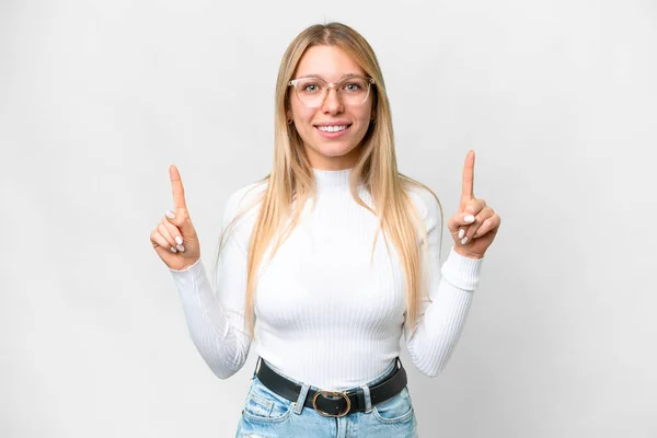 Young Pretty Blonde Woman Isolated White Background Pointing Great Idea — Foto de Stock