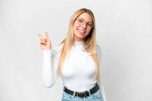 Young Pretty Blonde Woman Isolated White Background Smiling Showing Victory — ストック写真