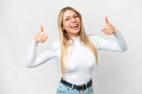 Young Pretty Blonde Woman Isolated White Background Giving Thumbs Gesture — 스톡 사진