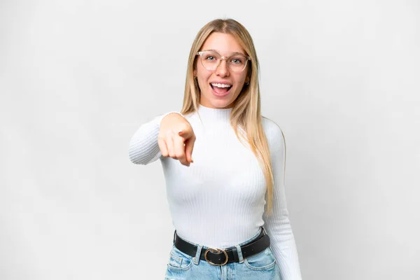 Young Pretty Blonde Woman Isolated White Background Surprised Pointing Front — Foto de Stock