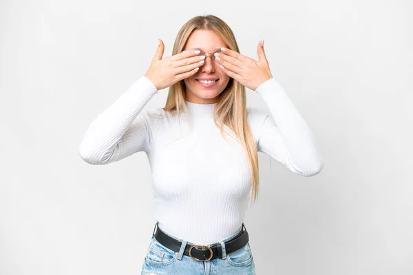 Young Pretty Blonde Woman Isolated White Background Covering Eyes Hands — Fotografia de Stock