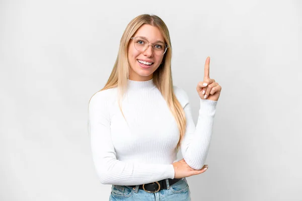 Young Pretty Blonde Woman Isolated White Background Happy Pointing — Stock Photo, Image