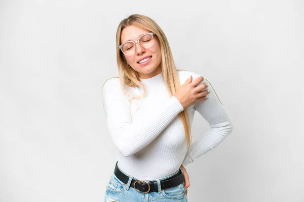 Young Pretty Blonde Woman Isolated White Background Suffering Pain Shoulder — Stock Photo, Image