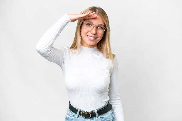 Young Pretty Blonde Woman Isolated White Background Saluting Hand Happy — ストック写真
