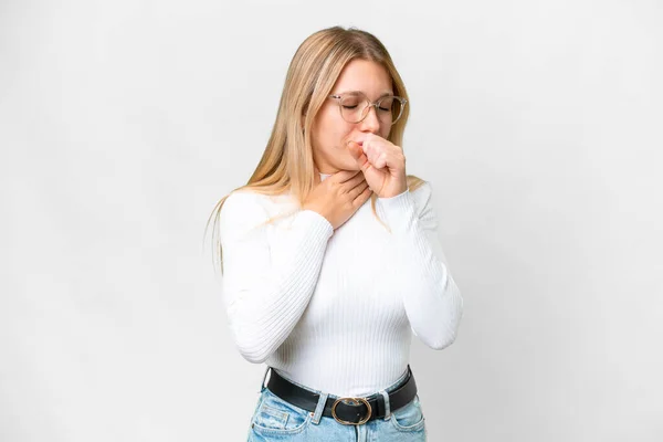 Young Pretty Blonde Woman Isolated White Background Coughing Lot — Stock Photo, Image