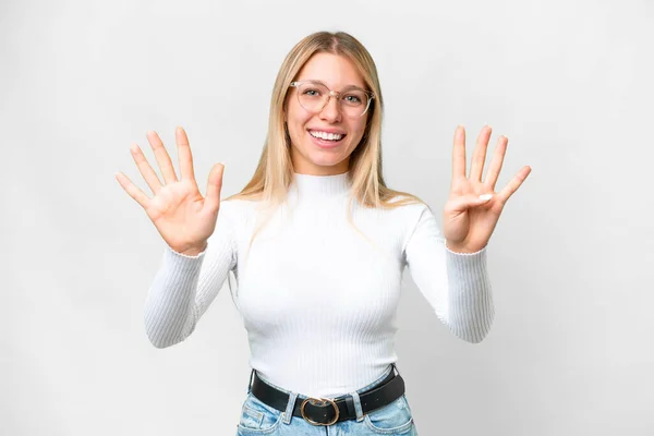 Young Pretty Blonde Woman Isolated White Background Counting Nine Fingers — Stockfoto