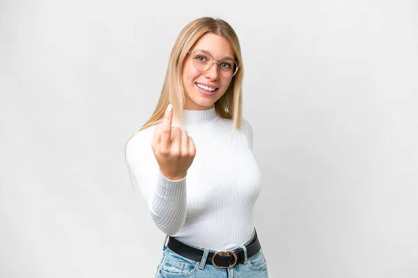 Young Pretty Blonde Woman Isolated White Background Doing Coming Gesture — Stock Photo, Image