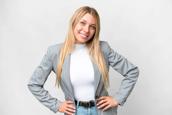 Young Pretty Blonde Woman Isolated White Background Posing Arms Hip — Stock Photo, Image