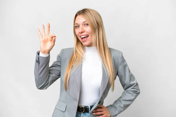 Young Pretty Blonde Woman Isolated White Background Showing Sign Fingers — ストック写真