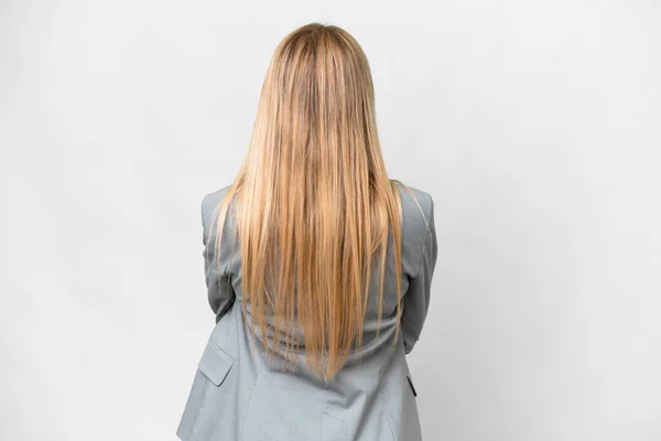 Junge Hübsche Blonde Frau Über Isolierten Weißen Hintergrund Rückenlage — Stockfoto