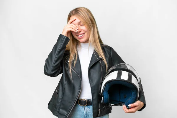 Giovane Bella Donna Bionda Con Casco Moto Sfondo Bianco Isolato — Foto Stock