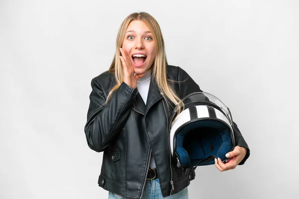 Jonge Mooie Blonde Vrouw Met Een Motorfiets Helm Geïsoleerde Witte — Stockfoto