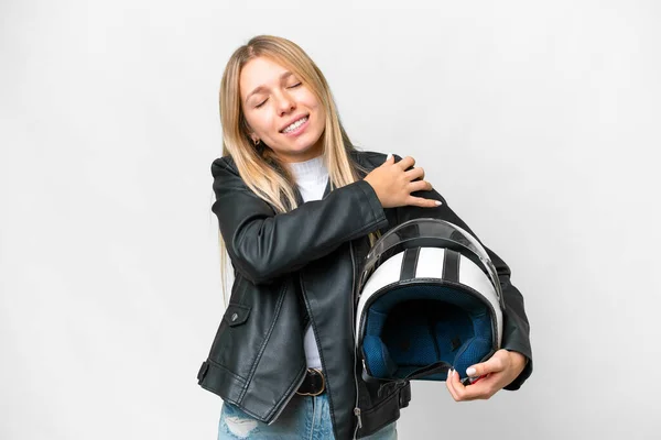 Motosiklet Kaskı Takan Genç Sarışın Bir Kadın Izole Edilmiş Beyaz — Stok fotoğraf