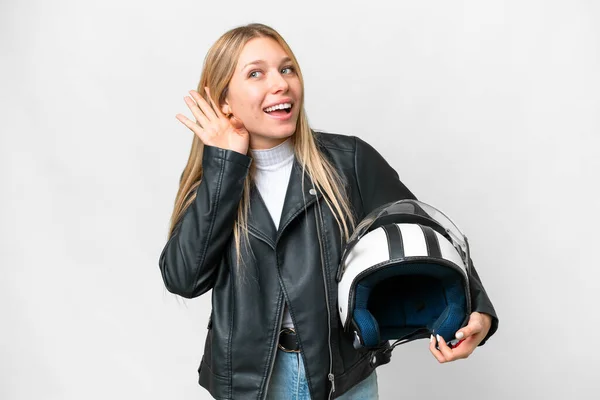 Jonge Mooie Blonde Vrouw Met Een Motorfiets Helm Geïsoleerde Witte — Stockfoto