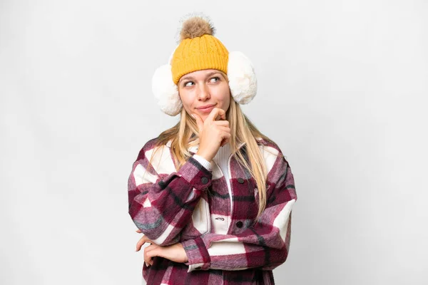 Young Pretty Blonde Woman Wearing Winter Muffs Isolated White Background — Zdjęcie stockowe