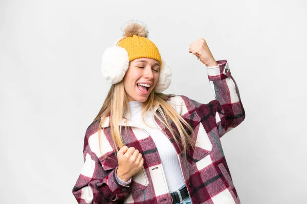 Νεαρή Όμορφη Ξανθιά Γυναίκα Που Φοράει Χειμωνιάτικες Μανσέτες Πάνω Απομονωμένο — Φωτογραφία Αρχείου