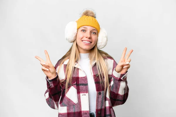 Young Pretty Blonde Woman Wearing Winter Muffs Isolated White Background — Stock Photo, Image