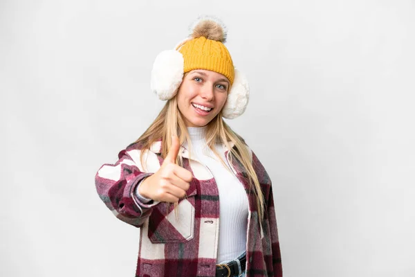 Young Pretty Blonde Woman Wearing Winter Muffs Isolated White Background — Stock Photo, Image