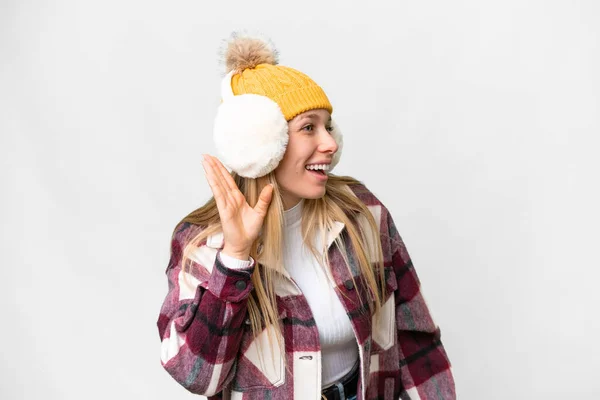 Young Pretty Blonde Woman Wearing Winter Muffs Isolated White Background — Foto de Stock