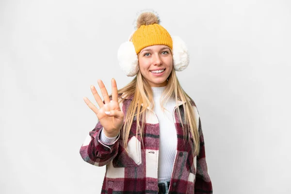 Młoda Ładna Blondynka Nosi Zimowe Mufy Odizolowanym Białym Tle Szczęśliwy — Zdjęcie stockowe