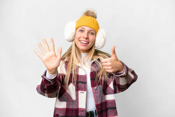 Ung Söt Blond Kvinna Bär Vinter Muffar Över Isolerad Vit — Stockfoto
