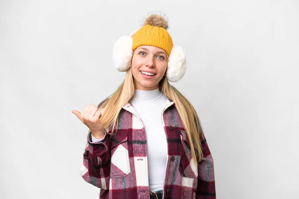 Young Pretty Blonde Woman Wearing Winter Muffs Isolated White Background — Fotografia de Stock