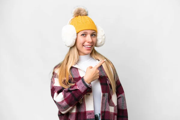 Young Pretty Blonde Woman Wearing Winter Muffs Isolated White Background — Foto Stock