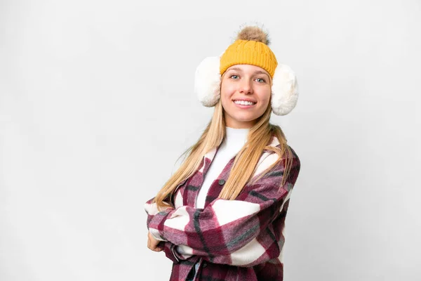 Ung Söt Blond Kvinna Bär Vintermuffar Över Isolerad Vit Bakgrund — Stockfoto