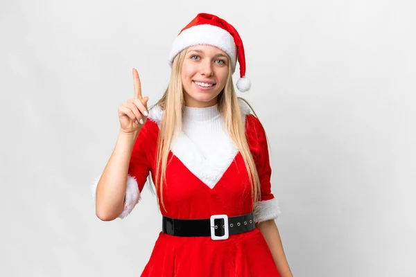 若いですブロンド女性とともにクリスマス帽子上の隔離されたホワイトバックグランドPointing A素晴らしいアイデア — ストック写真