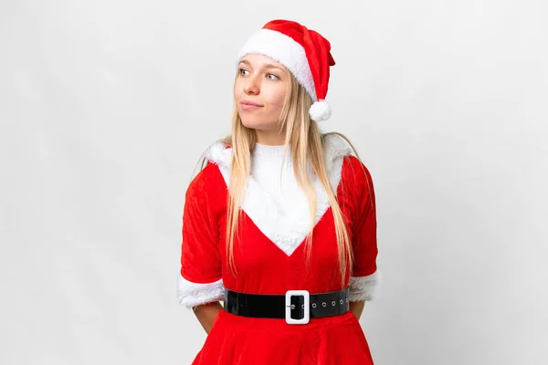Ung Blond Kvinna Med Jul Hatt Över Isolerad Vit Bakgrund — Stockfoto