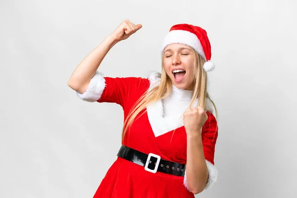 Young Blonde Woman Christmas Hat Isolated White Background Celebrating Victory — Photo